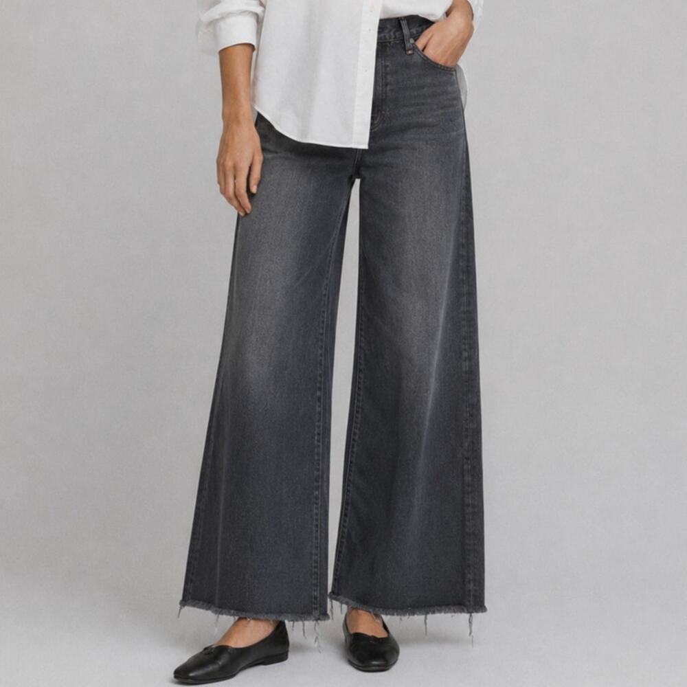 Frame Palazzo Le Palazzo Crop Jeans Womens 25 Black Denim High-rise Wide Leg Raw